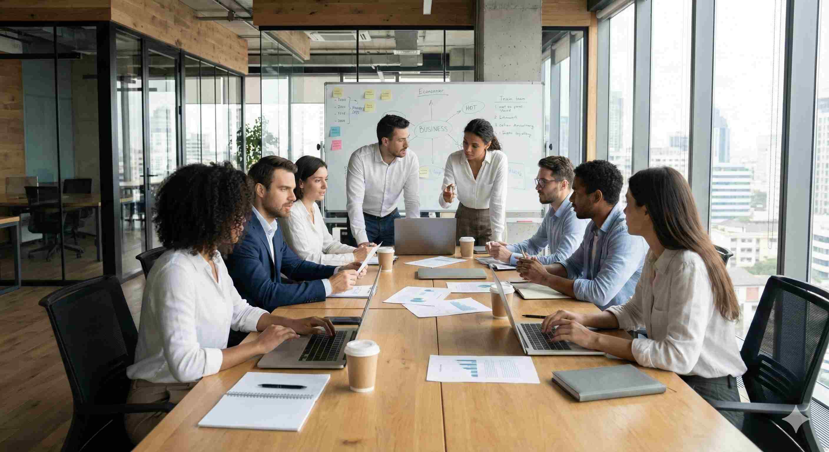 Business team collaborating around conference table