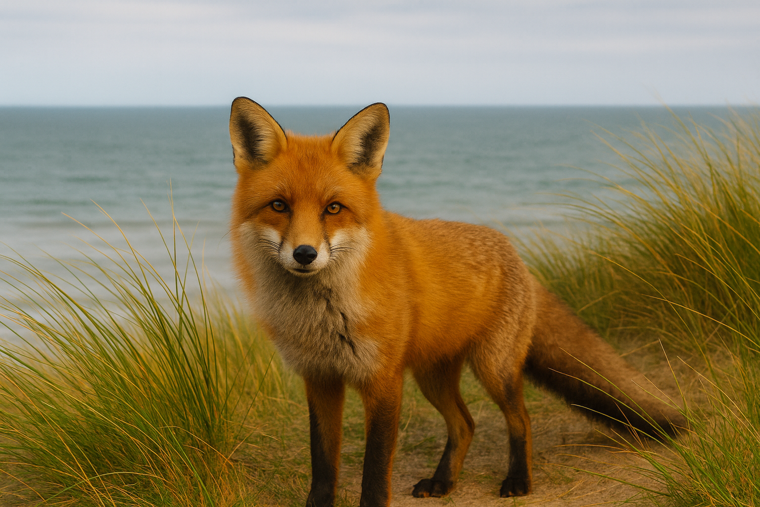 Red fox standing on sandy beach during golden hour sunset with ocean waves in background